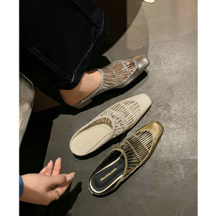 「SHERO牧野」编织流苏镂空包头拖鞋女法式透气低跟穆勒凉鞋银色