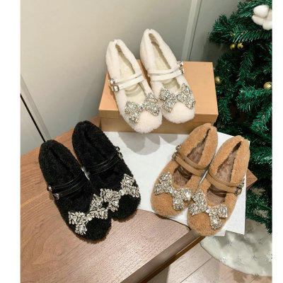 外穿蝴蝶结白色绝美中跟毛毛鞋