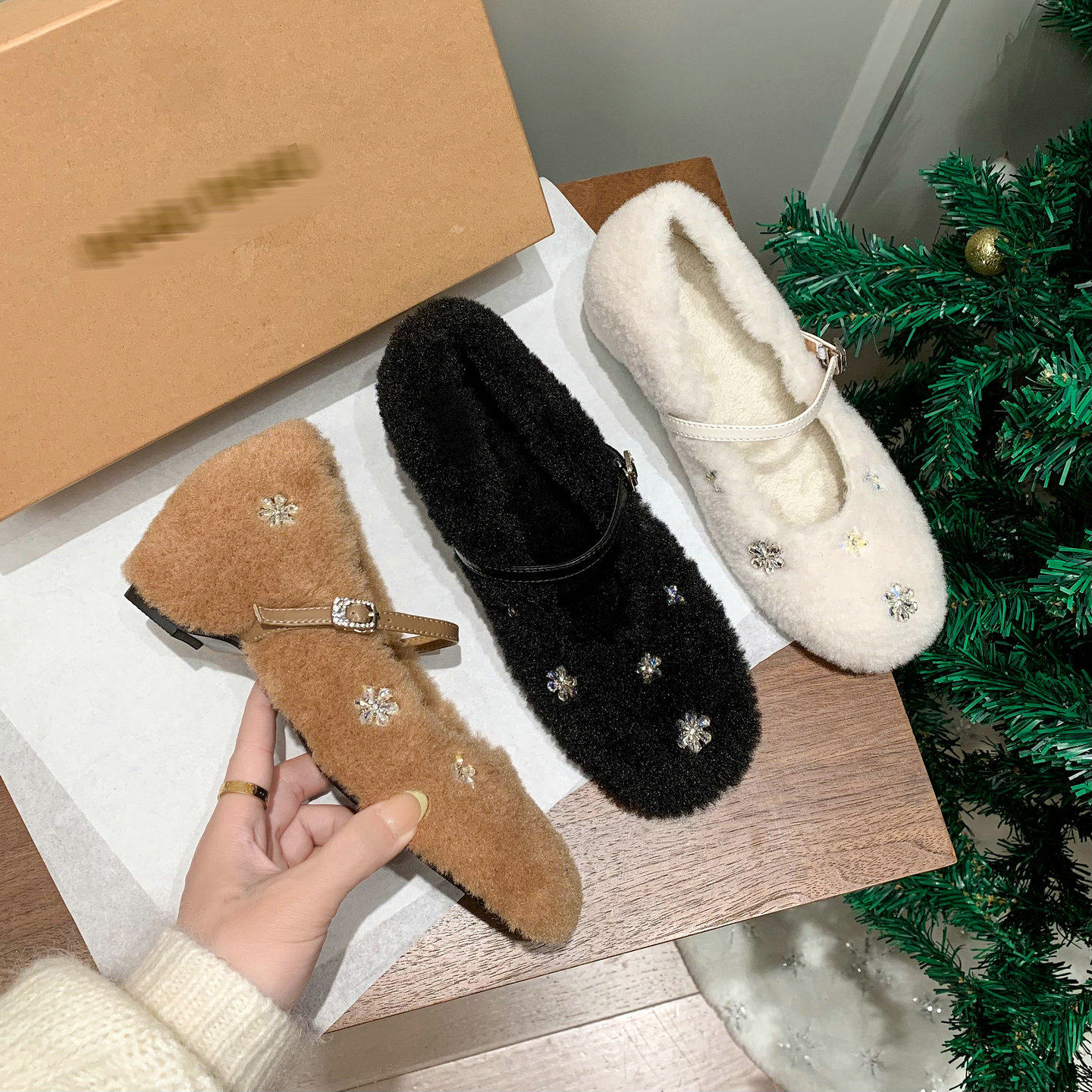 水钻玛丽珍毛毛鞋保暖加绒雪地靴