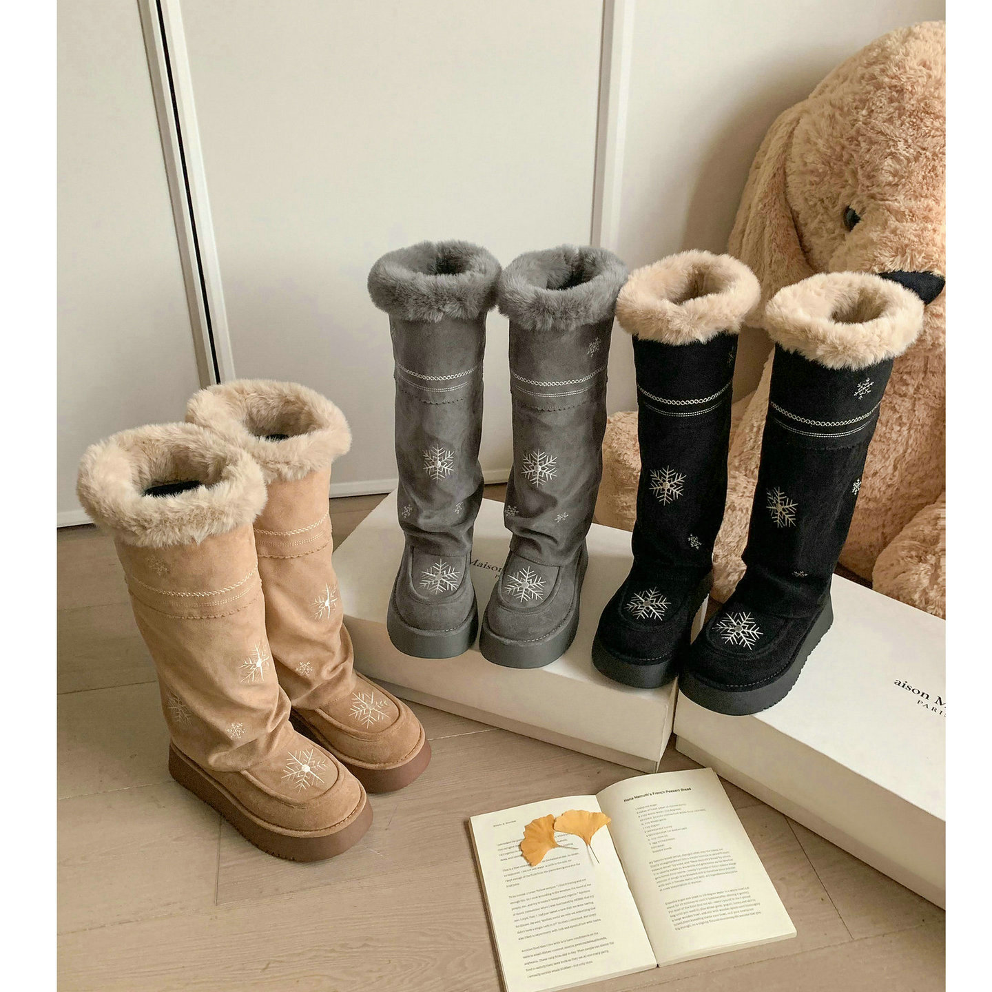 雪花刺绣雪地靴女不过膝保暖棉鞋