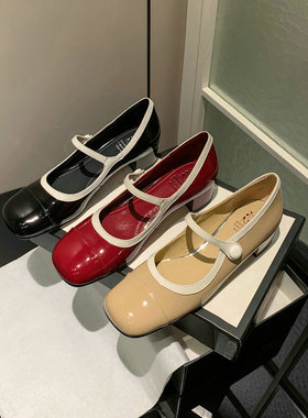 「SHERO牧野」红色单鞋女圆头浅口法式甜美真皮低跟玛丽珍鞋女