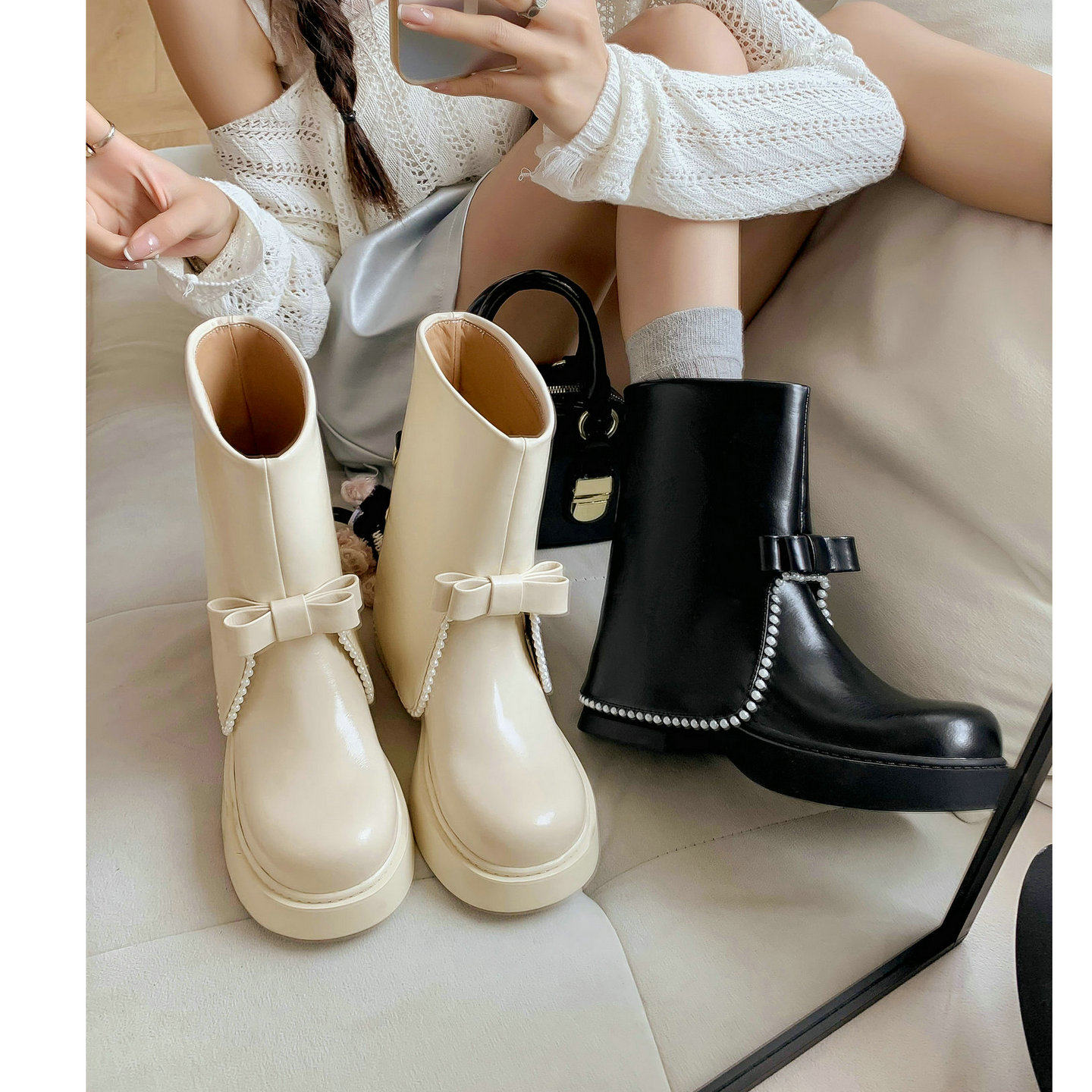 白色蝴蝶结短靴女厚底甜酷马丁靴