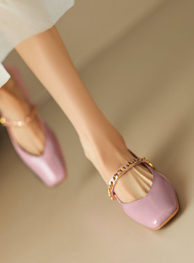 方头漆皮玛丽珍鞋女夏季真皮一字扣带浅口平底鞋仙女温柔紫色单鞋