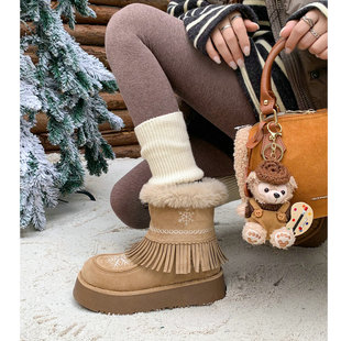 「牧野」女鞋流苏翻边保暖加绒加厚雪地靴女冬季毛里保暖厚底短靴