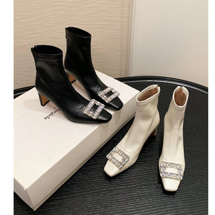 2025年新款水钻方扣粗高跟弹力瘦瘦靴女绝美后拉链白色方头短靴子