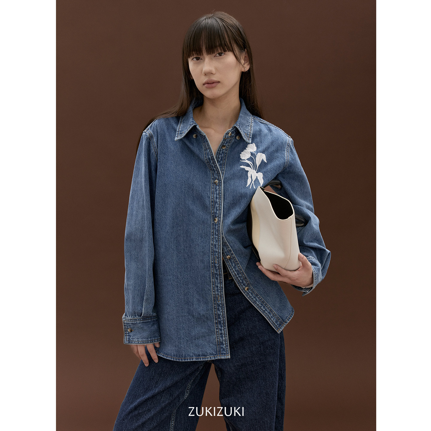 ZUKIZUKI 进口面料手工花朵刺绣廓形宽松牛仔衬衫