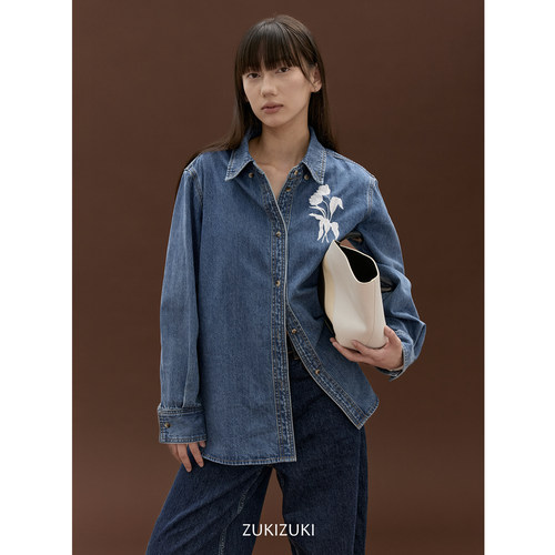 ZUKIZUKI 进口面料手工花朵刺绣廓形宽松牛仔衬衫