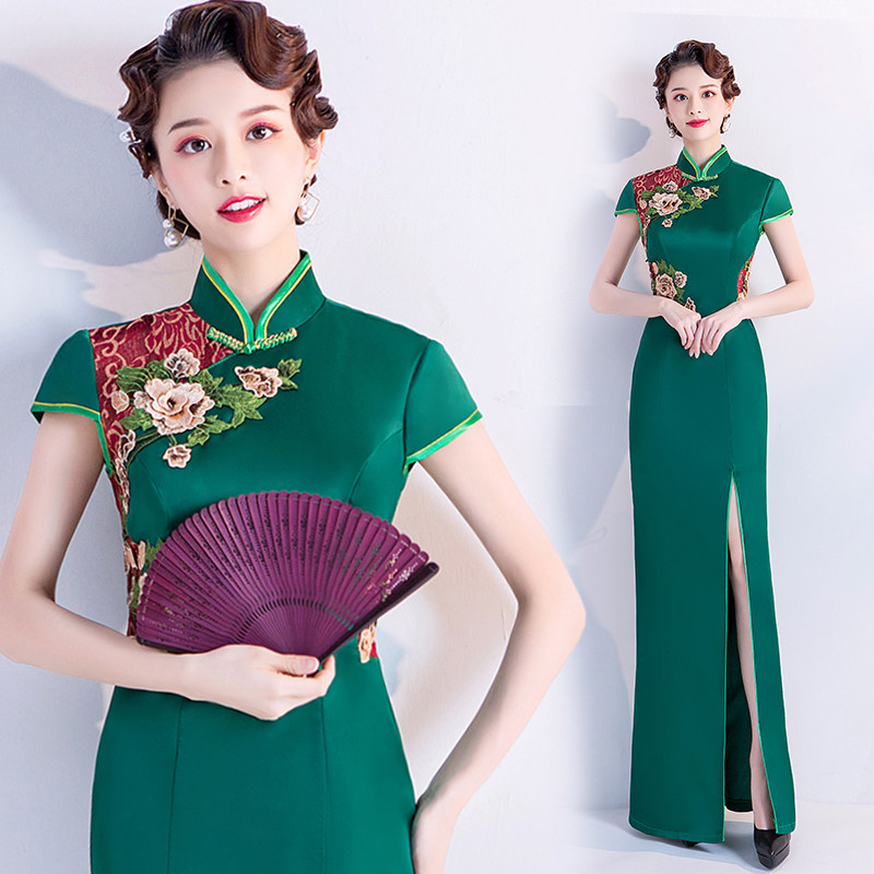 速发绿色中诵演出表演台秀礼仪舞走独唱朗式主持人婚纱礼服旗袍56