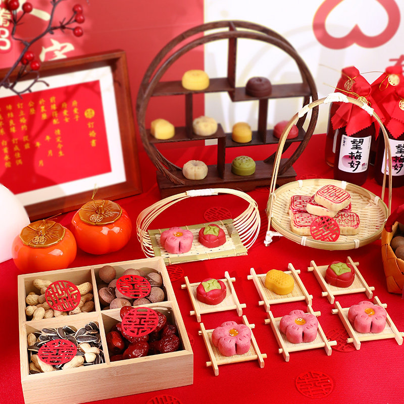 速发订婚摆件甜品盘布置糕点摆台柿子喜饼点心中式婚礼婚台结摆宴