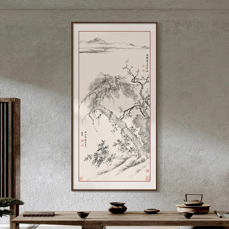 速发岁寒三友中式玄关装书画客厅茶壁饰房室画松梅竹走廊过道挂画