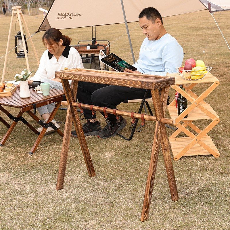 速发外户多功能露营实木折叠置物架挂携创意三脚架台桌吧台花架便