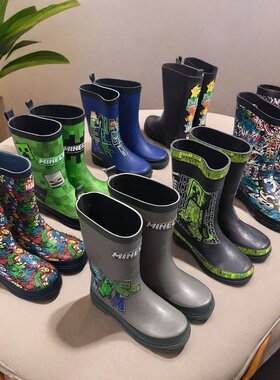 新款中长筒小学生男童中大童28-42码卡通机器人雨靴外贸橡胶防滑