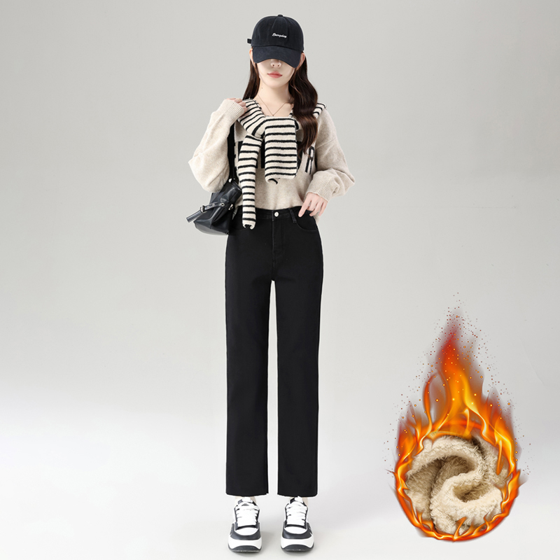 加绒牛仔裤女高腰直筒小个子九分