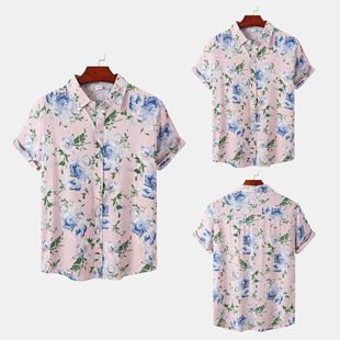 夏季男士时尚碎花宽松短袖衬衣Loose floral short sleeved shirt