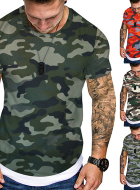 2023夏季男士圆领修身迷彩休闲短袖T恤上衣Camo Short Sleeve Top