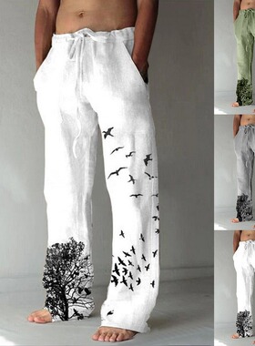 男士白色中腰时尚印花休闲长裤Men's white printed casual pants