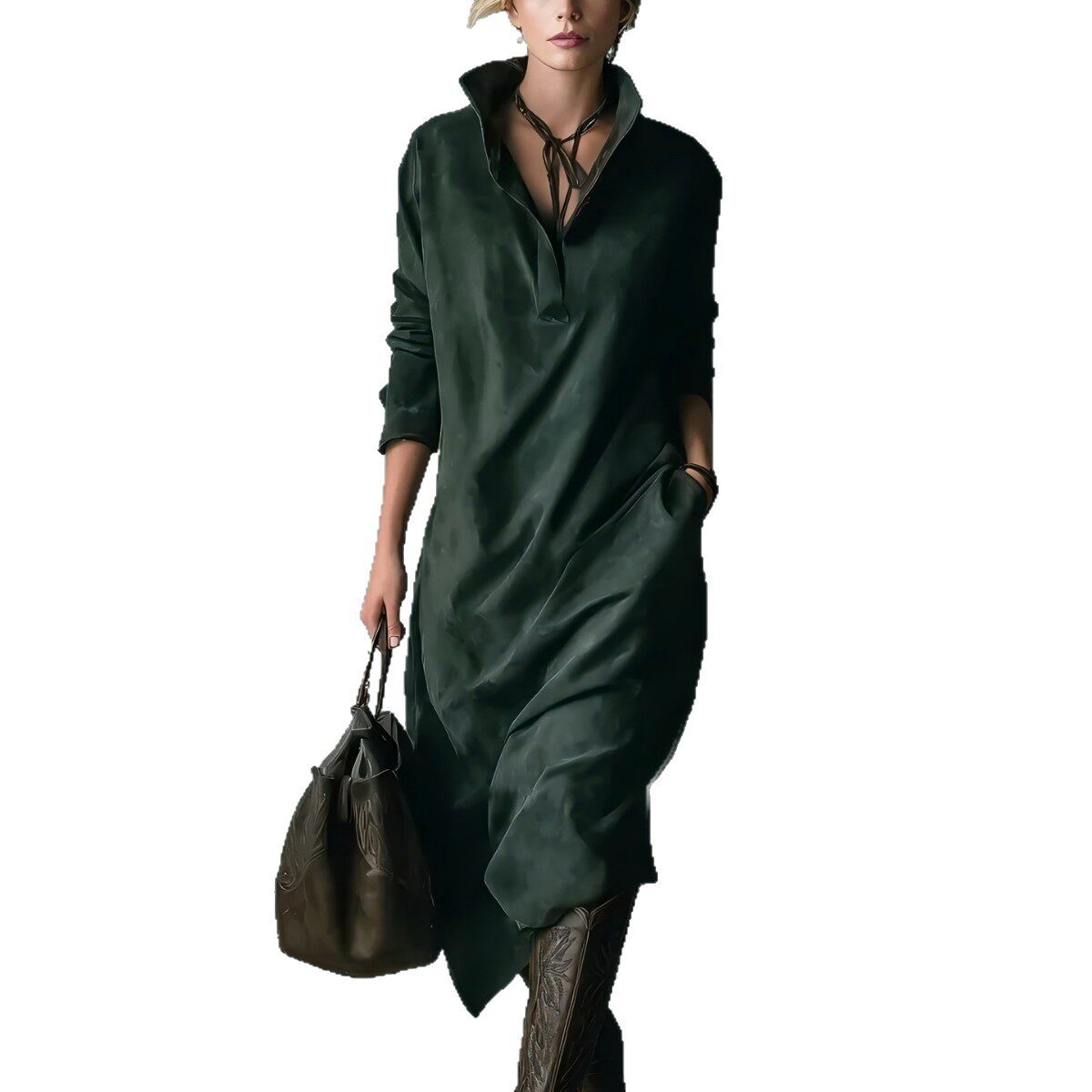2026 Ladies' casual pocket solid color dress秋休闲纯色连衣裙