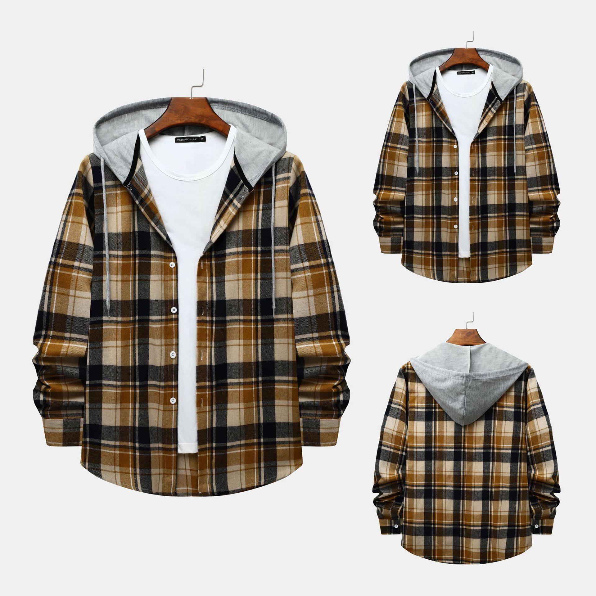 秋季男士连帽格子长袖衬衫Men's hooded plaid long sleeve shirt,男装,衬衫,淘宝优惠券,粉丝福利购,淘宝优惠卷