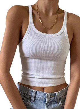 Hot girl exposed navel solid color suspender辣妹露脐纯色吊带