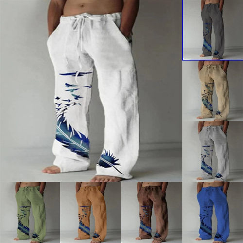 Men colorful feather print casual drawstring pants男羽毛长裤