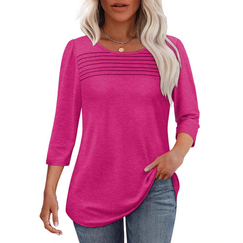 Women's seven quarter sleeve pleated top女圆领七分袖褶皱上衣