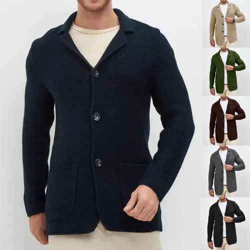 Men's collar solid color knitted cardigan男翻领纯色针织开衫