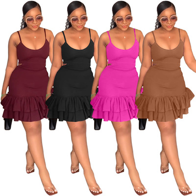 Fashionable low cut ruffle edge dress时尚低胸荷叶边包臀女裙