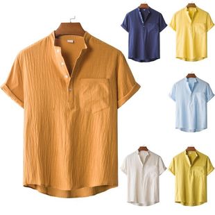 夏男士立领纯色半开襟短袖衬衫Standing collar solidcolor shirt