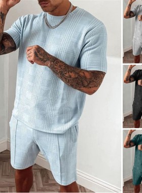 夏季新款欧美运动短袖短裤潮流休闲套装Trendy casual men's suit