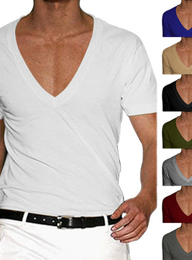 Men's short sleeve V-neck solid color casual T-shirt纯色短袖