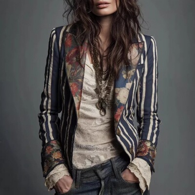 2026 Bohemian contrasting striped jacket波西米亚撞色条纹外套