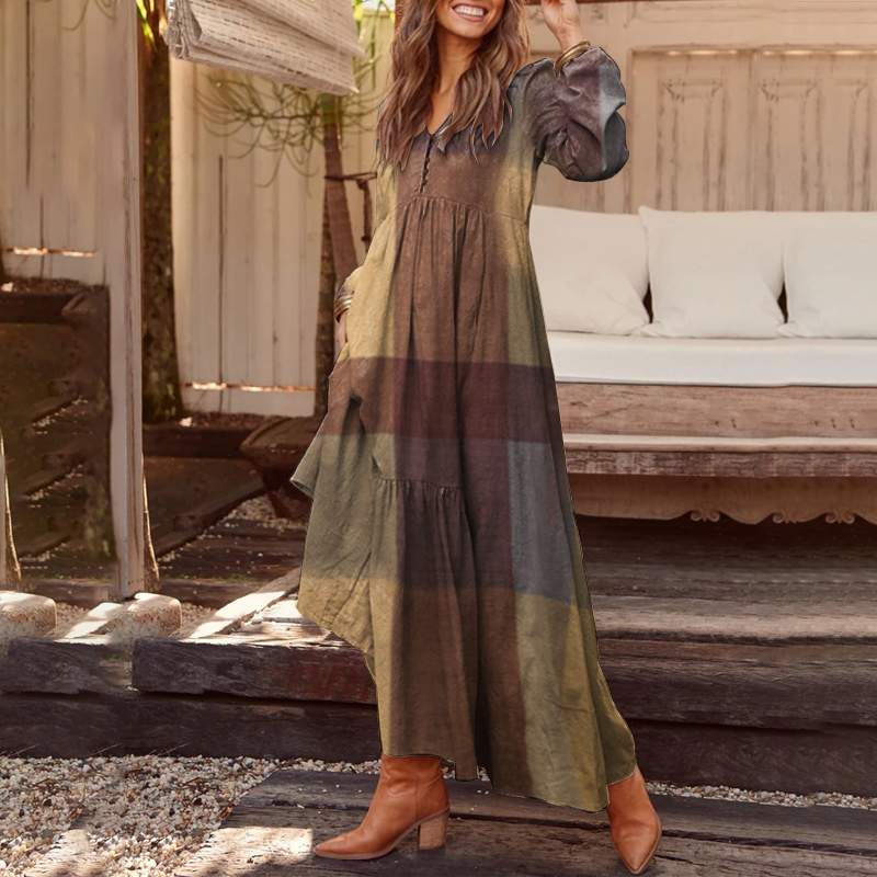 Single-breasted plaid long-sleeve casual loose-fitting dress