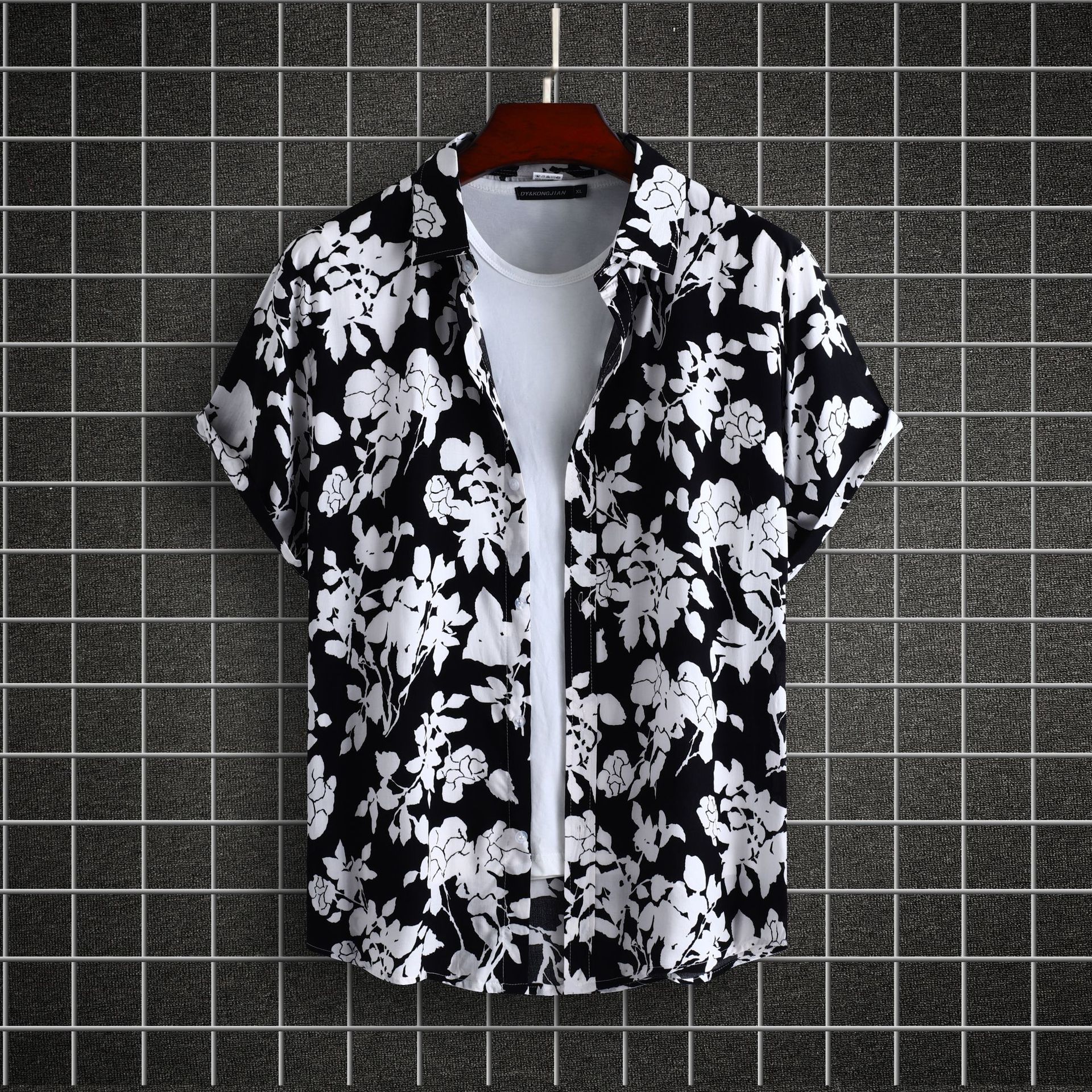 2023夏季新款大码男式休闲时尚条纹印花翻领短袖衬衫Floral shirt