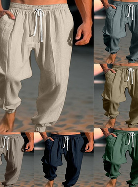 Men loose drawstring solidcolor comfortable daily ankle pant
