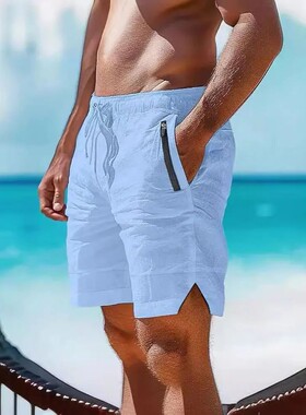 Summer beach drawstring elastic waist shorts男纯色松紧腰短裤