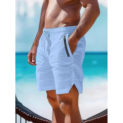 Summer beach drawstring elastic waist shorts男纯色松紧腰短裤