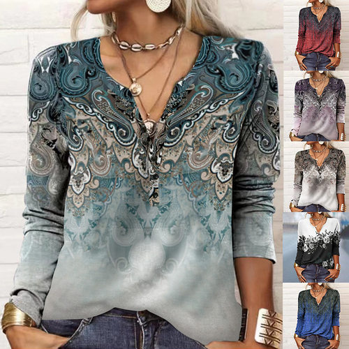 2026 Autumn ethnic printed long sleeved top民族印花女长袖t恤
