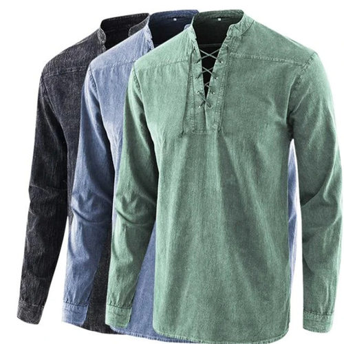 Men's solid color retro lace up stand up collar casual shirt