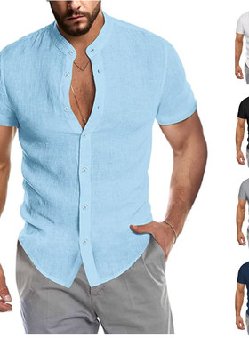 2023夏季男士时尚立领短袖纯色衬衫 Fashion Solid Short Sleeves