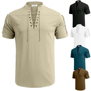 Men's short sleeved lace up hippie V-neck pirate shirt男衬衫