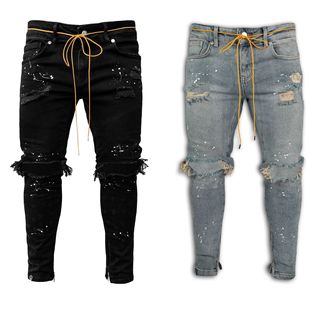 2023春秋新款男士修身个性油漆装饰破洞小脚裤Men's Ripped Jeans