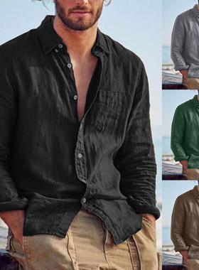 Men's solidcolor casual retro long sleeved shirt复古长袖衬衫