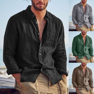 Men's solidcolor casual retro long sleeved shirt复古长袖衬衫