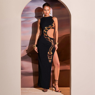 Sleeveless sexy slit hollow out long skirt女性感开叉镂空长裙