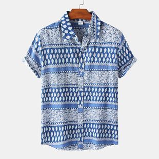 夏新款时尚男士民族风短袖衬衫ethnic style short sleeved shirt