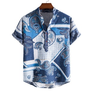 立领民族风短袖 Ethnic style printed standing collar short sl