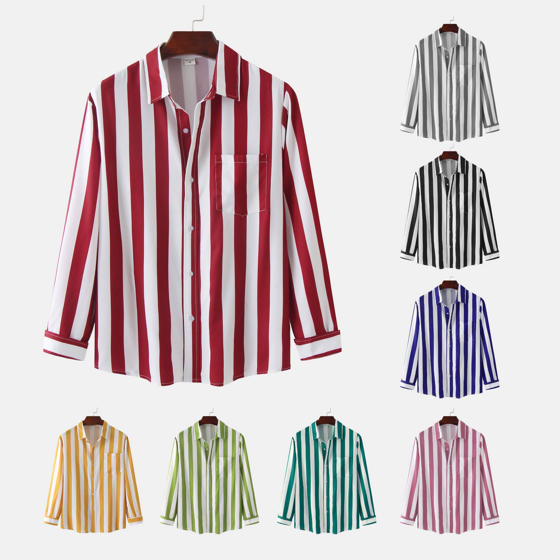 春秋男大码长袖翻领条纹宽松休闲衬衣long sleeved striped shirt