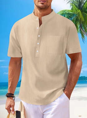 2025 Men's short sleeved loose fitting shirt立领短袖宽松衬衫