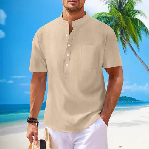 2025 Men's short sleeved loose fitting shirt立领短袖宽松衬衫