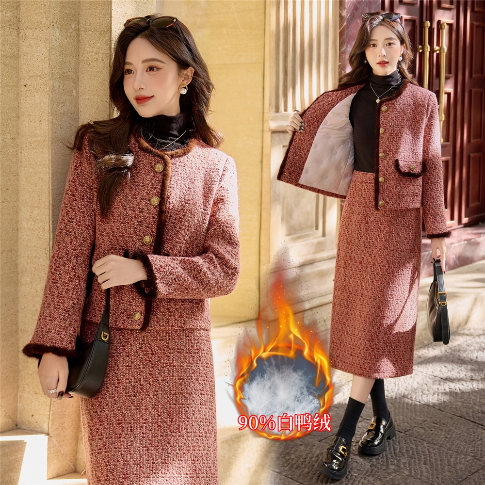 羊毛呢羽绒服套装裙毛两件套